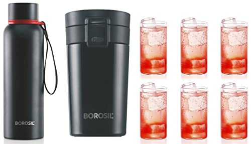Image of Borosil Hydra Trek - Vacuum Insulated Flask Water Bottle, 850ml&Borosil Coffeemate Insulated Mug, Vacuum Insulated Travel Coffee Mug with Lid, 300ml&Borosil Vision Set, 350ml, Set of 6 (Pack of 1)