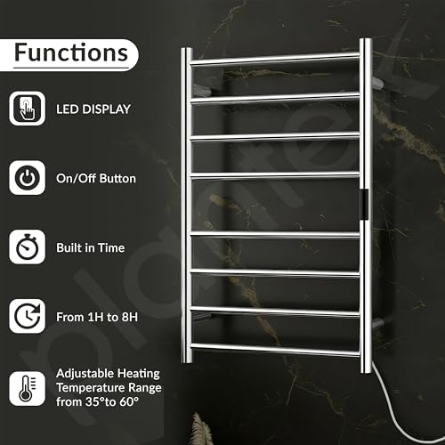 Image of Plantex 304 Grade Stainless Steel Electric Heated Towel Rack for Bathroom /8-Bar Wall Mounted Towel Warmer /Towel Rail /Fast Heating & Rust Proof - Pack of 1 (Chrome, 800 X 500 Watt)