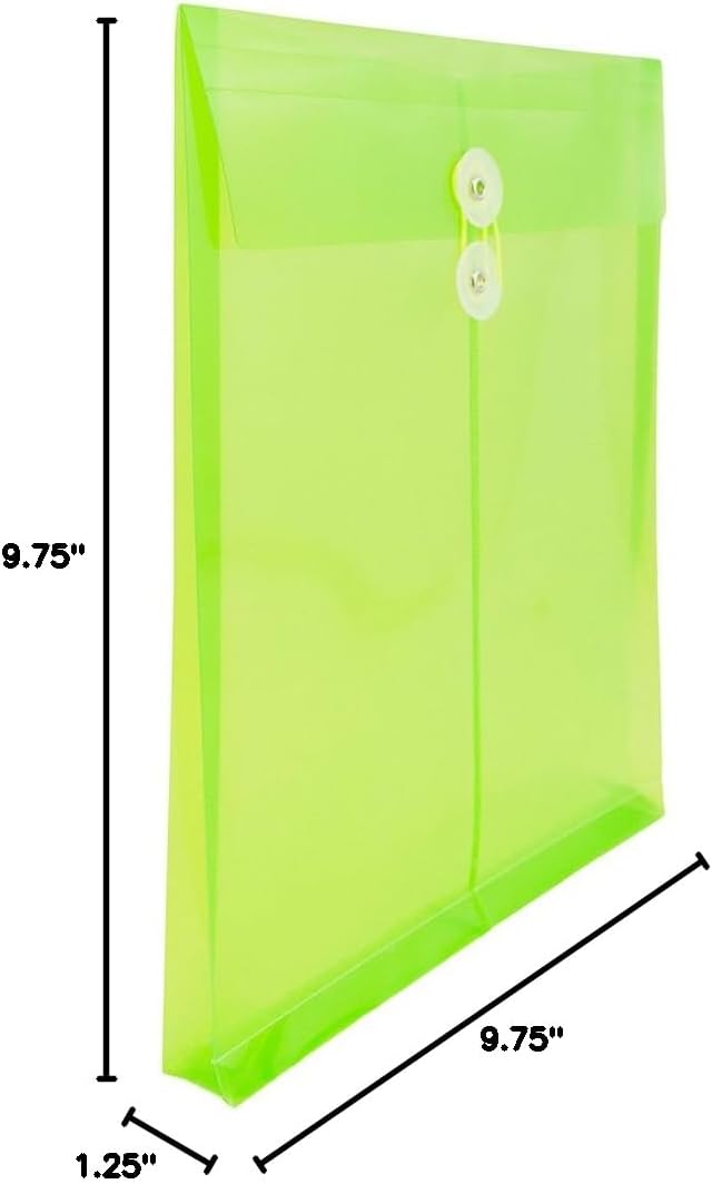 JAM PAPER Plastic Envelopes with Button & String Tie Closure - Letter Open End - 9 3/4 x 11 3/4 - Lime Green - 12/Pack