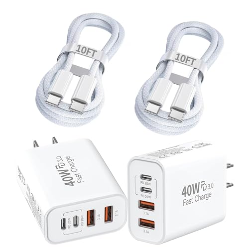 Image of iPhone 17 Charger Fast Charging,4-Port USB C Charger Block 2Pack 40W Apple Charger with 10FT USB C to C Woven Braid Cable Cord for Apple iPhone 17e /17 Pro Max /17 Pro /17 /Air /16e /16 Pro Max /16Plus /15