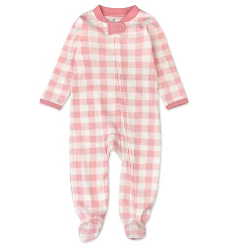 Image of HonestBaby Sleep and Play Footed Pajamas One-Piece Sleeper Jumpsuit Zip-Front Pjs 100% Organic Cotton for Baby Girls, Pink Check, 0-3 Months
