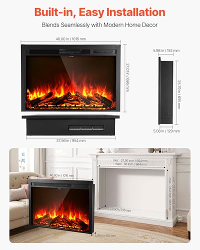 Image of VEVOR 40 Inch Electric Fireplace Insert, 5000BTU Recessed or Wall Mounted Heater Realistic Flame Colors & Adjustable Brightness, 750W /1500W Dual Heat, 8H Timer, for Living Room & Bedroom