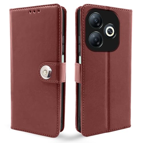 Image of Pikkme Infinix Smart 8 HD Flip Cover Leather Finish | Inside TPU with Card Pockets | Wallet Stand and Shock Proof | Complete Protection Button Flip Case (Brown)