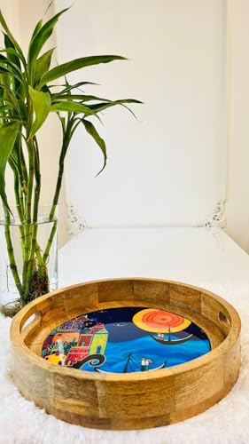 Image of Wooden Designer Round Serving Tray - 12 Inch | Premium Mango Wood Decorative | Eco-Friendly Non-Toxic Multipurpose Serving Tray for Tea, Coffee, Snacks, Home, Kitchen & Gifting(Blue FC)