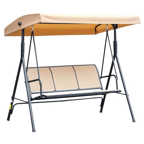 Outsunny Dondolo da Giardino 3 Posti con Tettuccio Parasole Regolabile, Dondolo da Esterno con Seduta Traspirante in Poliestere e Telaio in Acciaio, Portata 200 kg, Anti UV, 175x118x159 cm, Beige