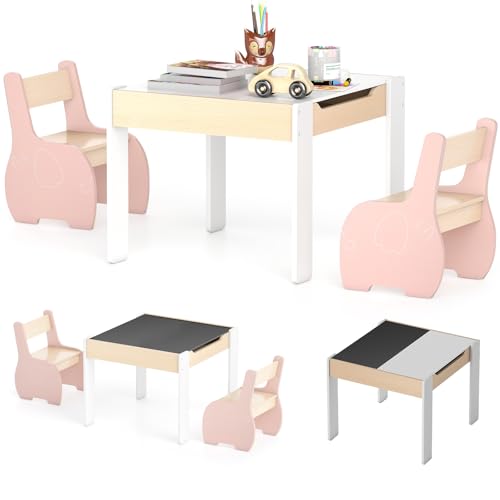 COSTWAY 4 en 1 Table Enfants avec 2 Chaises en Forme d'Eléphant, Table et Chaises en Bois avec Tableau Amovible, Espace de Rangement, Bureau pour Dessiner Jouer, Charge 30kg pour 3-6 Ans… (Rose)