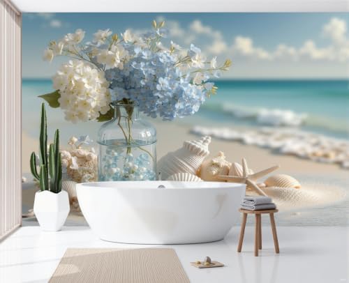 Papier peint soie style océan frais et hortensia déco murale - 2