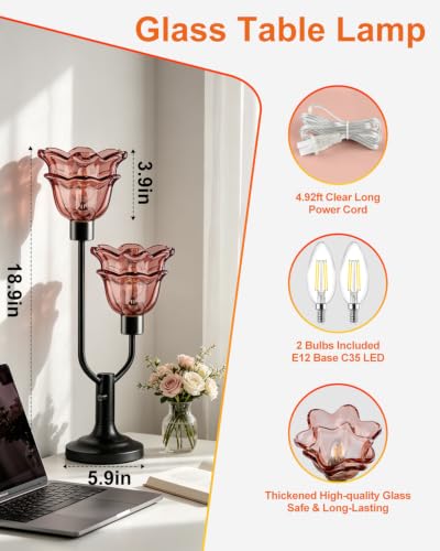 Image of Lightdot Mid Century Modern Table Lamp Red Flower Glass Lamp Gift Dimmable | Nightstand Lamp Vintage Black Desk Lamp 2 Bulbs Included Warmwhite Ambient Bedside Lamps for Living Room Bedroom Home Decor