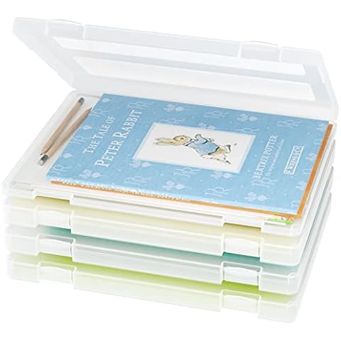 iBune 4 Pack A4 File Pager Storage Box, Scrapbook Paper Storage Boxes for 8.5 x 11 Paper, Plastic Board Game Storage Art Sppuly Storage Organizer Craft Organizer Box, Inner Size 12.2 x 8.9 x 0.7 in Cover
