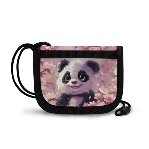 Panda Kids Wallet with Lanyard Girls Cherry Blossom Wallet for Girl 4-6 Toddler Bifold Wallet with Long Lanyard Portable Zippered Wallets Daily Use2
