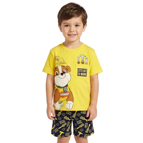 Paw Patrol Boys Short Pyjamas Set Rubble Character Summer Nightwear with T-Shirt and Shorts 100% Cotton Kids PJs Ages 18 Months to 6 Years (4-5) Yellow