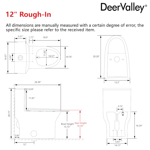 Image of DeerValley Compact One-Piece Toilet for Small Bathrooms, Dual Flush 0.8 /1.28 GPF, 900g MAP, Round Bowl, Soft-Close Seat, 12 inch Rough-In, Space-Saving Design