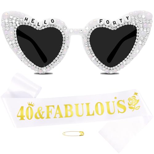 40th Birthday Decorations for Women，Hello Forty Birthday Sunglasses and Sash Set for Bday Dress Outfit Deocr Accessories Gifts