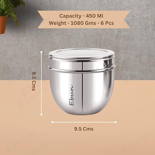 Image of Ebun Stainless Steel See Through Containers for Kitchen | Conical Shape Small Stainless Steel Dabba Set for Kitchen | Steel Container with Lid | 450 Ml Capacity | Pack of 6