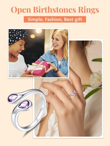 Silvora 925 Sterling Silver Adjustable Ring Wrap Birthstones Open Rings for Women Ring with 2 Pear Shaped Gemstone, Birthstone Ring for Mother4