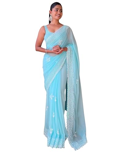 Sari de georgette multicolor AKHILAM soluciona el ajuste de talla con blusa