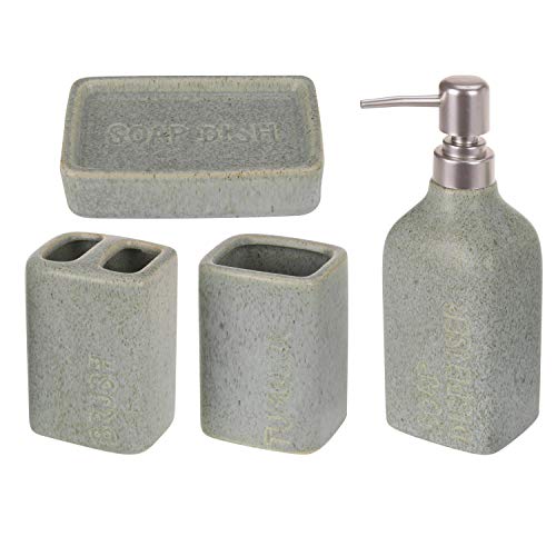 your castle Juego de baño de 4 Piezas de cerámica - Accesorios de baño con Aspecto de Cemento: dispensador de jabón líquido, jabonera, portacepillos de Dientes, Taza para cepillos de Dientes en Verde Cover