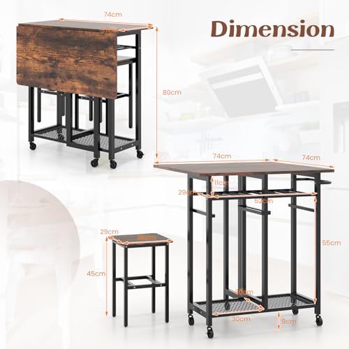 COSTWAY 3 Piece Dining Table Set, Kitchen Table and 2 Folding Chairs with Storage Shelves, Anti-Toppling Device & Large Base, Metal Frame Bar Table Set for Kitchen Dining Room (Rustic Brown) 3 COSTWAY 3 Piece Dining Table Set, Kitchen Table and 2 Folding Chairs with Storage Shelves, Anti-Toppling Device & Large Base, Metal Frame Bar Table Set for Kitchen Dining Room (Rustic Brown) - Image 3