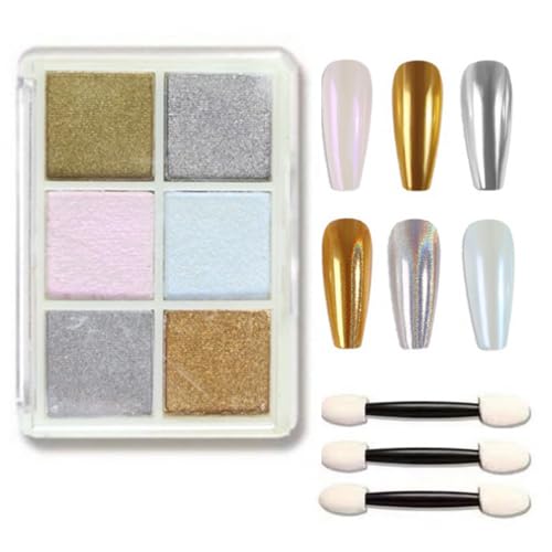 Chrome Nail Powder 6 Colors Holographic Gold & Silver Iridescent Pearl Chrome Powder, Glitter Pigment for Nail Art Decoration