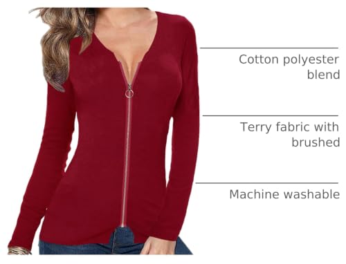 Image of Afibi Women V Neck Zip Front Long Sleeve Casual Top Blouse Shirt /Cardigan