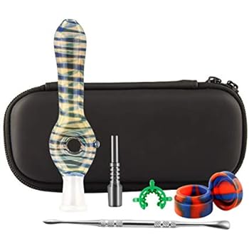 Glass Honey Straw 10mm Mini Glass Donut Style Straw Kit w/Zipper Carry Case (Blue w/Ti Tip)