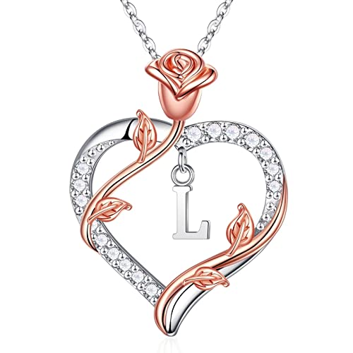Iefil Christmas Gifts for Women Wife - 925 Sterling Silver Rose Heart Initial Necklace, Anniversary Birthday Gifts for Women, Jewelry Gifts for Women Wife Girlfriend Mom