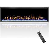 Ludatido 60 Inch Crystal Electric Fireplace with Log&Crystal, Realistic Flame, Touch & Remote Control, Recessed or Wall Mounted, 750/1500W 600 sq.ft Heating Output Fireplace Heater-Ultra