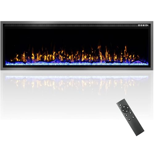 BREEZEHEAT 60 Inch Electric Fireplace-Recessed & Wall Mounted Linear Fireplace-750W/1500W Heater w/Temperature Control, Log & Crystal Options, Adjustable Flame, Remote Control