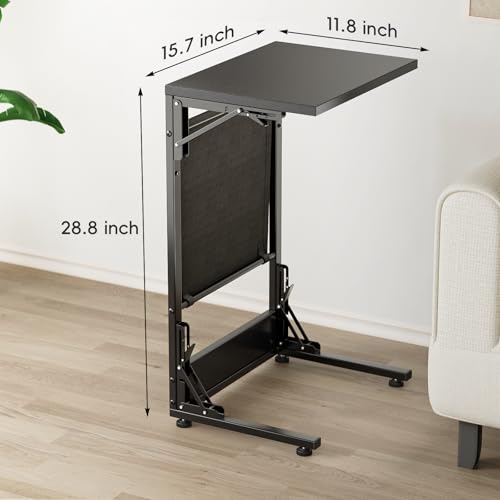 Image of Folding TV Tray Table, 28.8 inch Tall C-Shaped Side Table for Couch and Bed, Slide Under Sofa Side Desk with Storage Bag - Sturdy Metal Frame Tray for Living Room, Bedroom, Home & Office (Black)