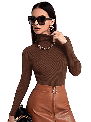 Sweatyrocks Women's Long Sleeve Turtleneck Ribbed Knit Pullover Sweater Top Coffee Brown L #TOP3