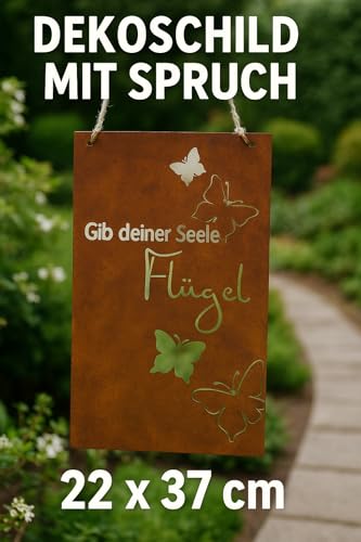 Der-Porzellan-Laden Edelrost Spruchtafel Gib deiner Seele Flügel, Rostdeko Gartendeko Tafel aus Metall 22x37 cm, nostalgisches Design, ideal für Garten und Terrasse