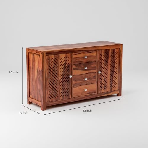 Image of Solid Sheesham Wood Wooden Sideboard Storage Cabinet : Ideal for Living Room and Bedroom with 4 Drawers and 4-Shelf Storage(Ferna, Honey Finish)