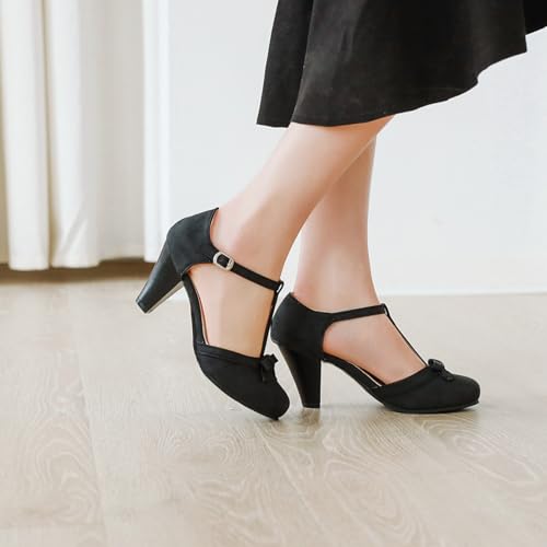 Image of Elbslutt Women's Cute Retro Rockabilly Shoes T Strap Mary Janes Heels Chunky Cosplay Shoes Sweet Block Heeled Bow Pumps