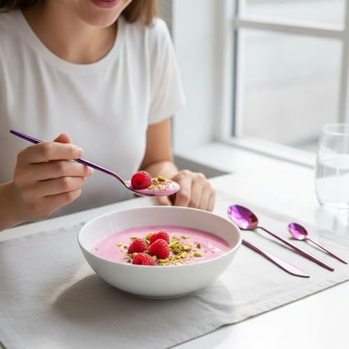 Image of Slim Handle Pink 5 Pcs Stainless Steel Cutlery Set for Dining Table, Dishwasher Safe Glossy Flatware (1 Spoon Set+1 Forks Set+1 Butter Knife+1 Dessert Spoon+ 1 Fruit Fork)