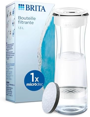 BRITA bouteille filtrante blanc graphite (1,3 L), 1 filtre MicroDisc inclus - Réduit** certains PFAS***, le chlore, des particules fines