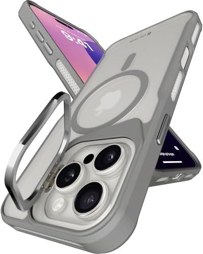 Image of eller sante Roxane Magpro Back Cover Case for iPhone 16 Pro Scratch Resistant Camera Screen Protector TPU Shockproof with Stand Holder Mag-Safe Wireless Charging- Grey