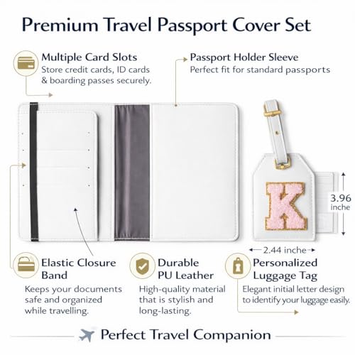 Image of Passport Cover & Bag Tag Combo | Personalized Initial Alphabet Custom A-Z Name Initial | Fits Standard Passports | Travel GiftIdeal Travel Gift for Women, Girls & Couples (White)