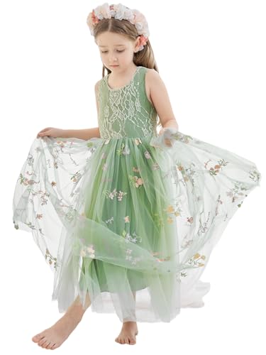 VEYOLOB Flower Girl Dress A-Line Floral Embroidered Tulle Lace Sleeveless Dresses for Wedding Garden Birthday Party