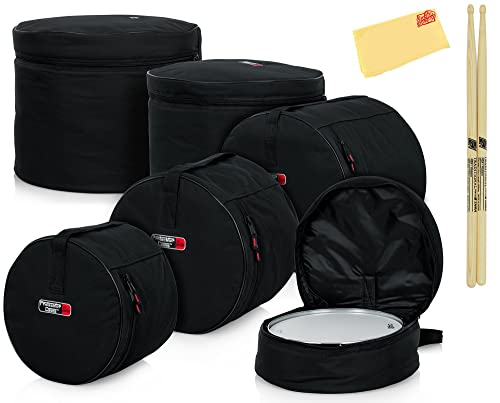 Gator GP-STANDARD-100 Protechtor Series 5 piece Padded Drum Bag Set for Standard Kits with 22' Kick, 12” Tom, 13” Tom, 16” Tom, 14” Snare - Bundle with Drumsticks and Austin Bazaar Polishing Cloth