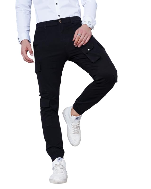 Image of British Club 98% Cotton, 2% Elastane Slim Fit Cargo Jogger Pants | Flat-Front Design | Adjustable Waistband | Multiple Pockets | Lightweight Fabric | Modern Style | Comfortable | Durable Black