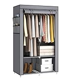 MOGELAFOO 35 Inch Portable Wardrobe Closet for Small Room, Clothing Organizer Storage Rack with Non-Woven Fabric Cover, 2 Clothes Hanging Rods, 4 Storage Shelves and Side Pockets, Grey