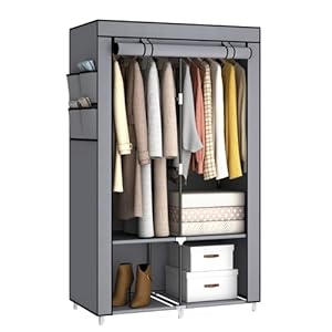 35 Inch Portable Wardrobe Closet for Small Room, Clothing Organizer Storage Rack with Non-Woven Fabric Cover, 2 Clothes Hanging Rods, 4 Storage Shelves and Side Pockets, Grey