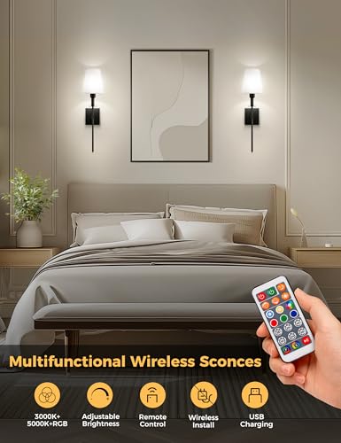 Image of DORESshop Battery Operated Wall Sconce Set of 2, Black Rechargeable Wall Lights Remote, Sconce Wall Decor Set of 2, 7 Colors Wireless Sconces for Bedroom Living Room Hallway
