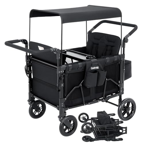 Garvee Chariot de Jardin Pliable Chariot Enfant 4 Roues, Chariot pour 4 Enfants avec Banquette Amovible, Pousser ou Tirer pour la Plage, Forêt, Chariot de...