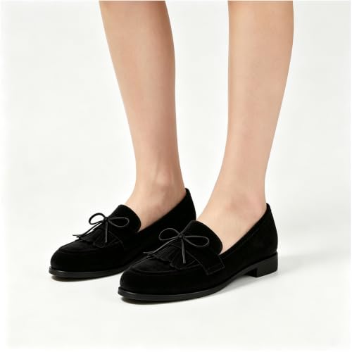 Image of LEMUTISME Women Tassel Bow Penny Loafers Slip On Low Flat Heel Dress Shoes
