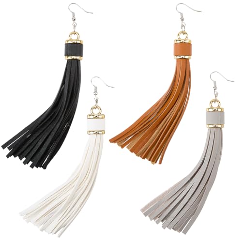 CALFOVERA 8PCS 4 Colors Bohemian Western Leather Fringe Dangle Earrings for Women Boho PU Leather Layered Tassel Earrings Pendant Charm Lightweight Country Concert Fashion Jewelry for Women