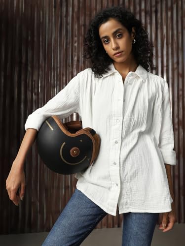 Image of High Star Women Cotton Solid Oversized Fit Casual Collar Full Sleeves Shirts