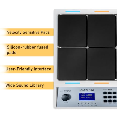 Image of M Studio MSP20 Pro Professional Electronic Drum Pad, 8 Velocity-Sensitive Pads, LCD Display, MIDI Controller for Live & Studio Use - White
