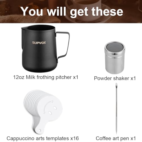 Image of Supvox Barista Latte Art Kit with 600ml Steel Milk Frothing Pitcher, Coffee Frother Mug, Art Pen, Powder Shaker & 16 Pattern Stencils Premium Coffee Accessories Set