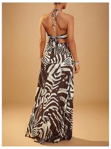 Verdusa Women's Cut Out Ruched Halter Dress Zebra Striped Backless Sleeveless Flowy Dresses2